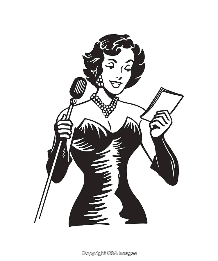 Elegant Singer Performing in Black and White Line Art Illustration