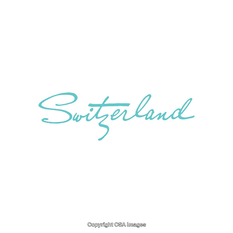 Elegant Handwritten Script of Switzerland in Light Blue on White Background