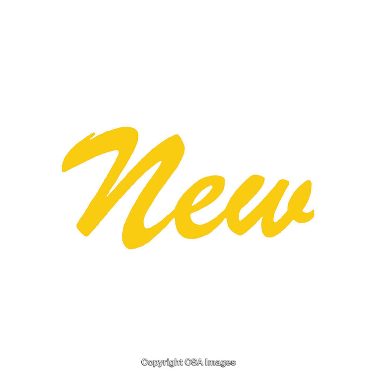 Bold Yellow Brush Script Text Reading 'New' on White Background