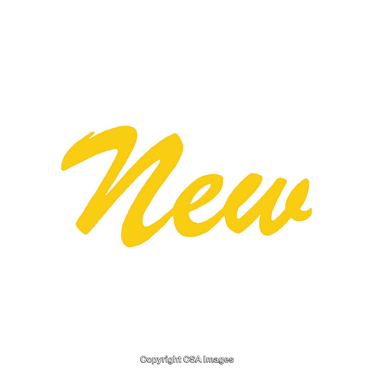 Bold Yellow Brush Script Text Reading 'New' on White Background