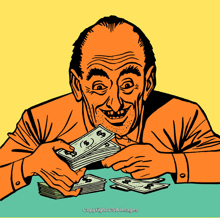 Vintage Comic Style Illustration of a Man With a Pile of Cash