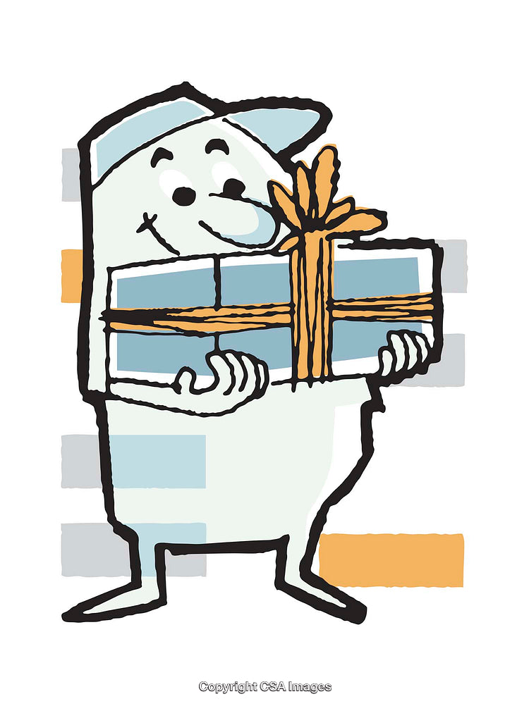 Playful Cartoon Figure Carrying a Gift Box with Ribbon