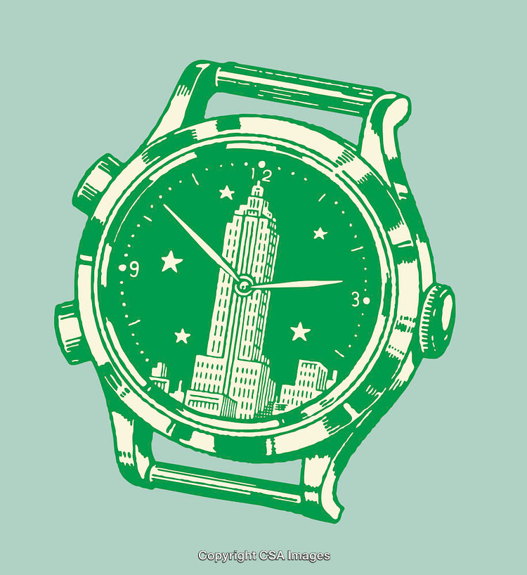 Vintage Style Watch Illustration Depicting a Cityscape with Stars