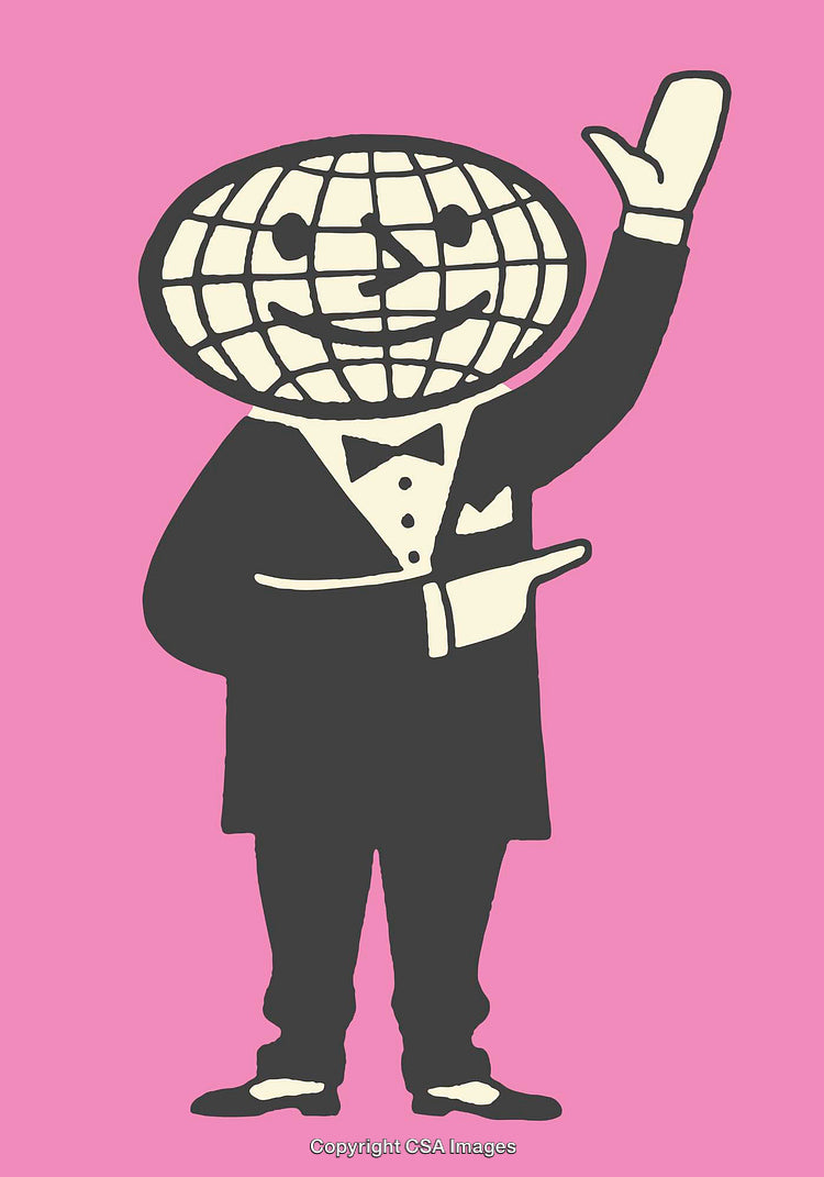 Vintage Illustration of a Business Mascot with Globe Head on Pink Background