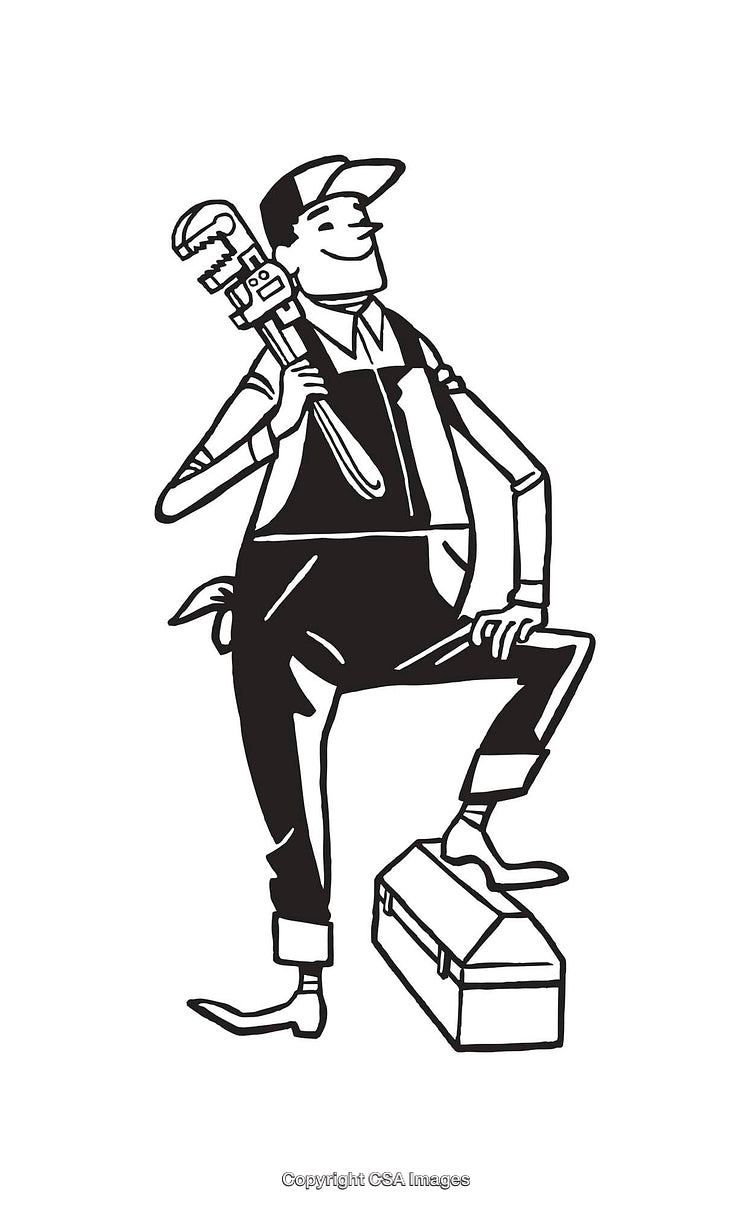 Retro Line Art Illustration of a Plumber Holding a Wrench