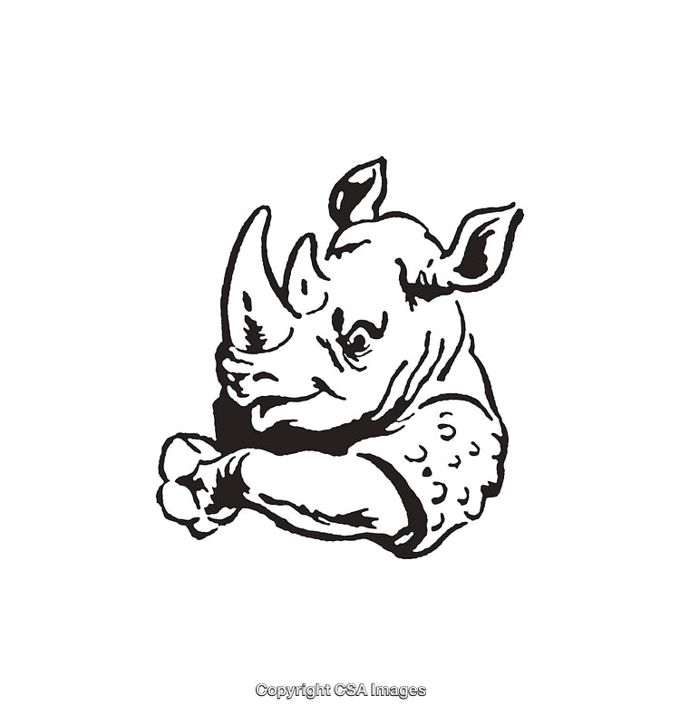 Black and White Illustration of a Rhino in Character Pose