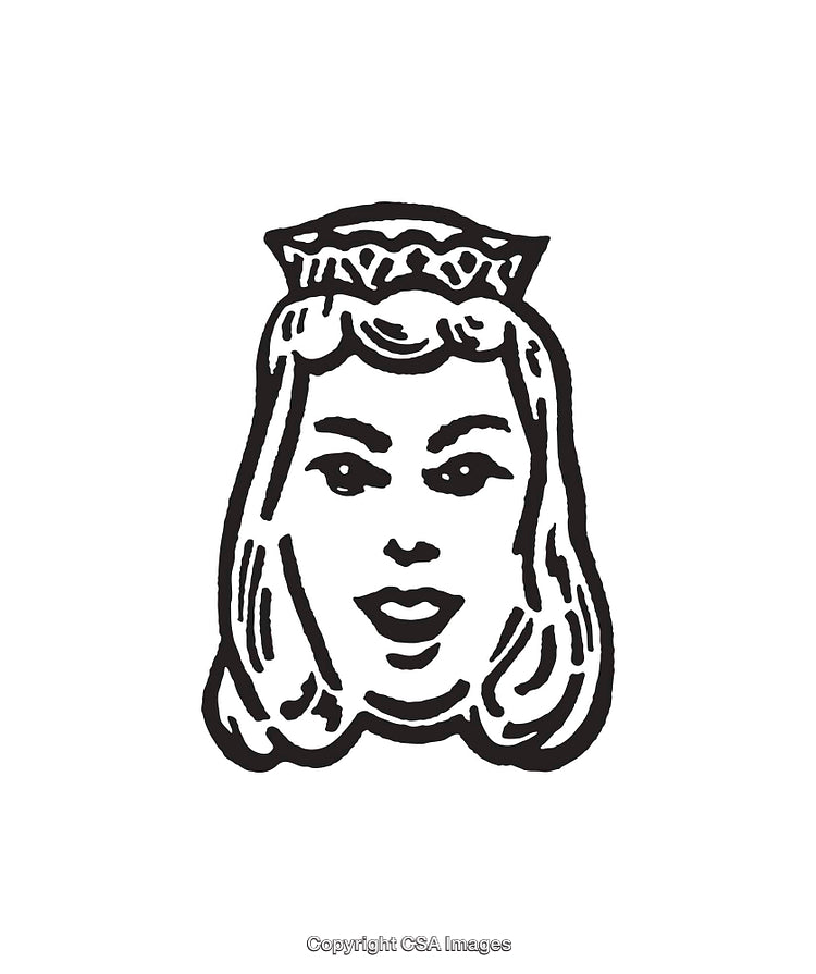 Black and White Line Art of a Queen's Face with a Crown