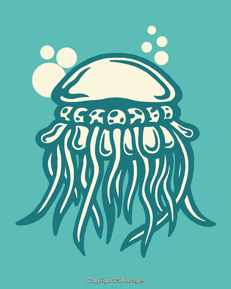 Vintage Line Art Illustration of a Jellyfish With Aquatic Elements