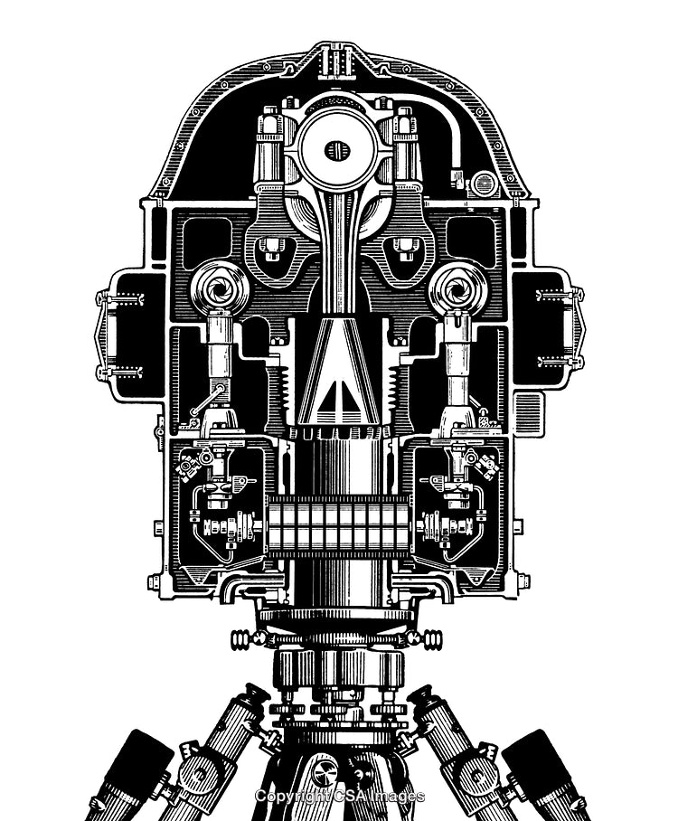 Highly Detailed Black and White Engraving of a Mechanical Robot Head