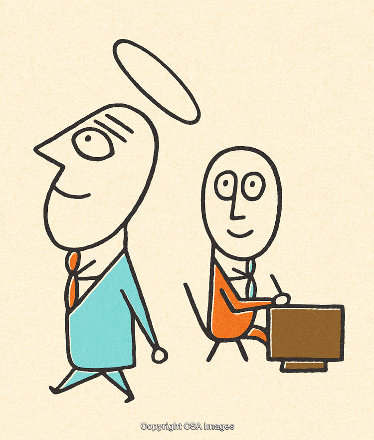 Whimsical Illustration of Characters With Halo and Desk in Office Setting