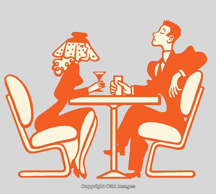 Stylized Illustration of a Couple Sitting at a Table and Talking