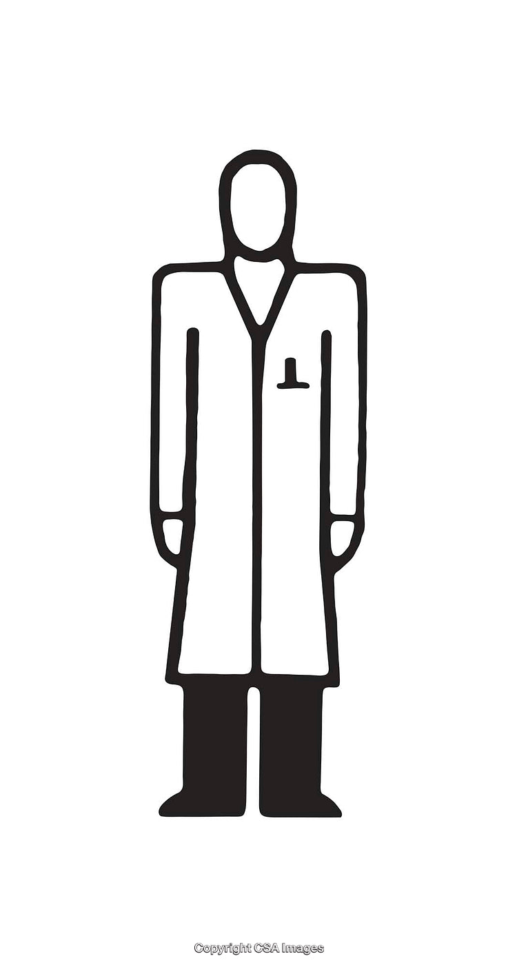 Minimalistic Black And White Icon Depicting a Person in a Lab Coat