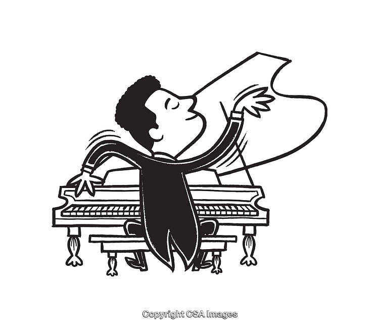 Black and White Cartoon of a Pianist Playing a Grand Piano Expressively