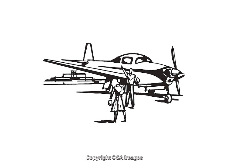 Vintage Black and White Line Art of Airplane and People at Airport