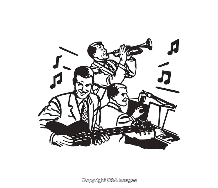 Group of Musicians Playing Instruments in Vintage Black and White Style Illustration