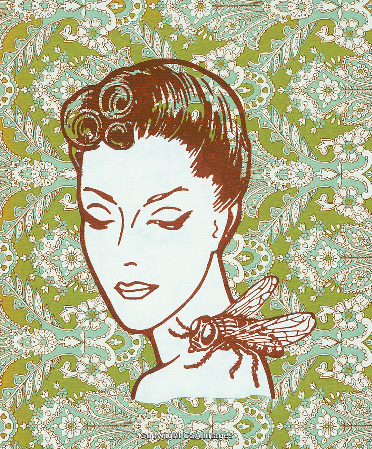 Retro Illustration Featuring Woman's Portrait and Artistic Insect Design