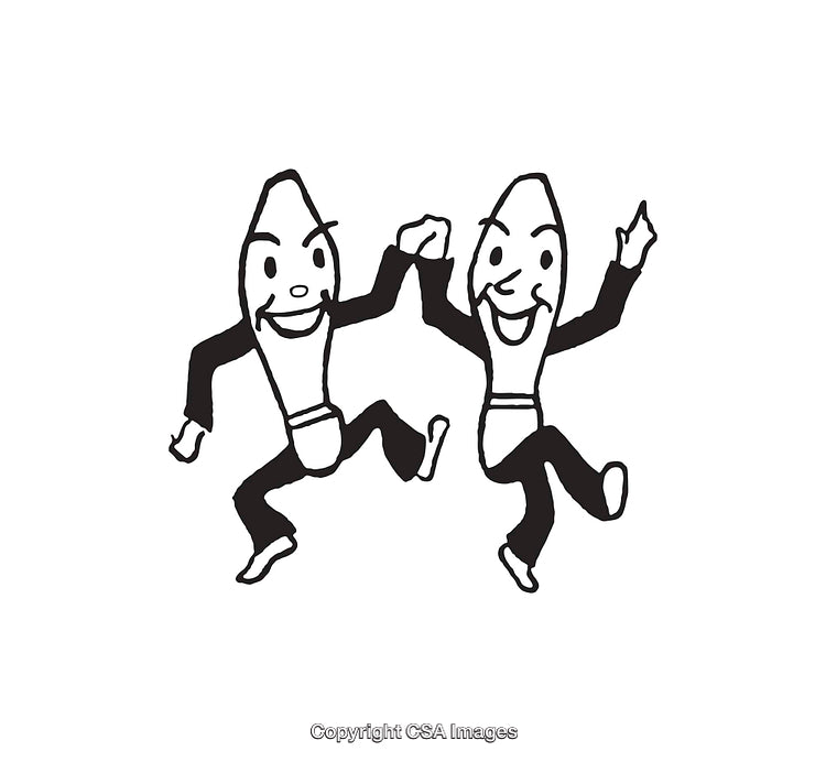 Dancing Cartoon Figures in Black and White Line Art Illustration