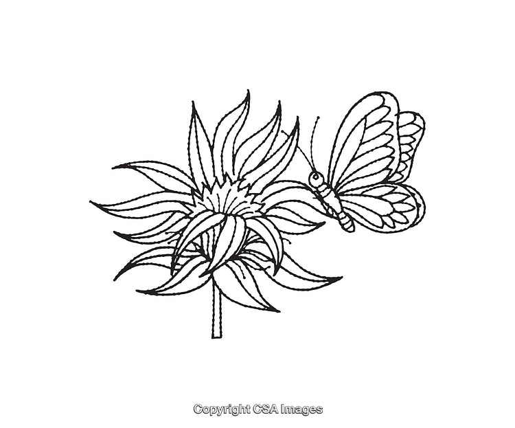 Black and White Line Art Featuring Butterfly and Sunflower Illustration