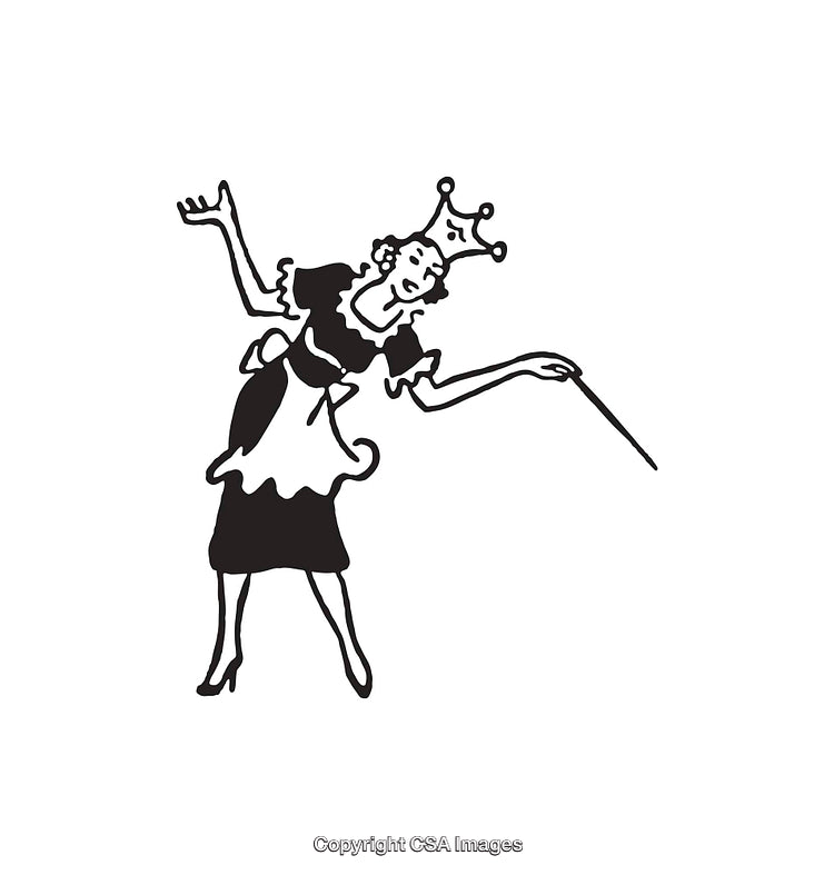 Whimsical Line Art of a Queen in Costume With a Crown and Wand