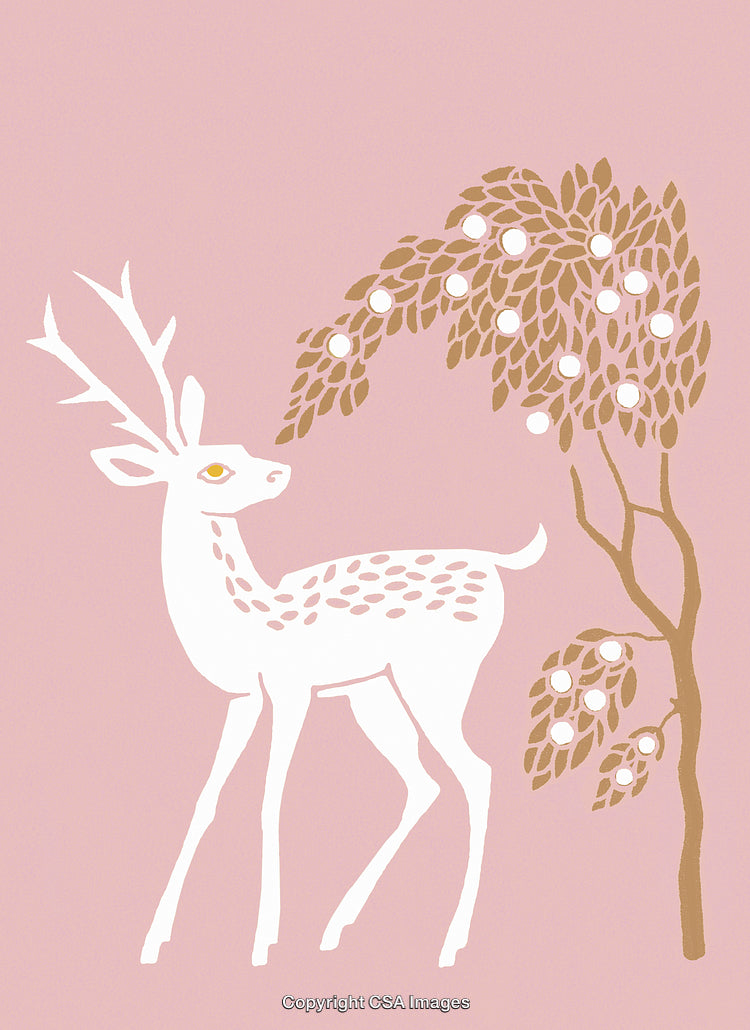 Elegant White Deer With a Tree on a Soft Pink Background