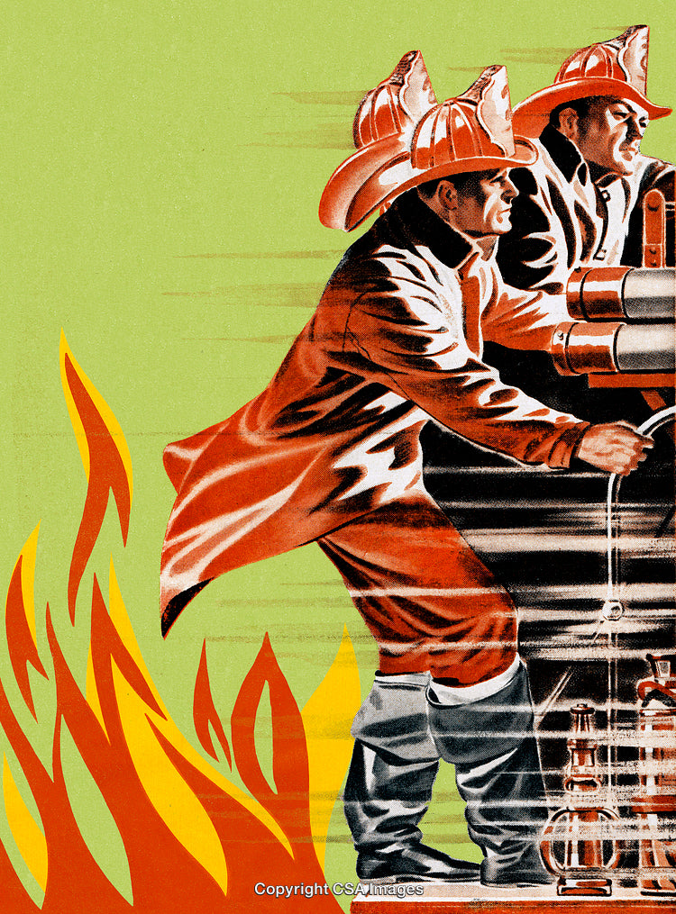 Retro Illustration of Firefighters Battling Blaze in Bold, Vintage Colors