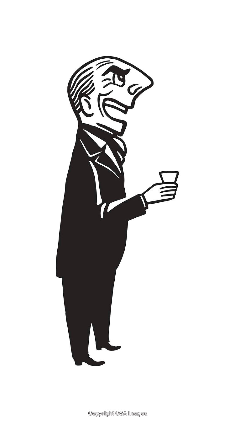 Black and White Cartoon Gentleman Holding a Glass in Line Art Style