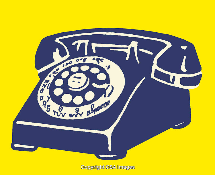 Retro Blue Rotary Phone Illustration on a Vibrant Yellow Background