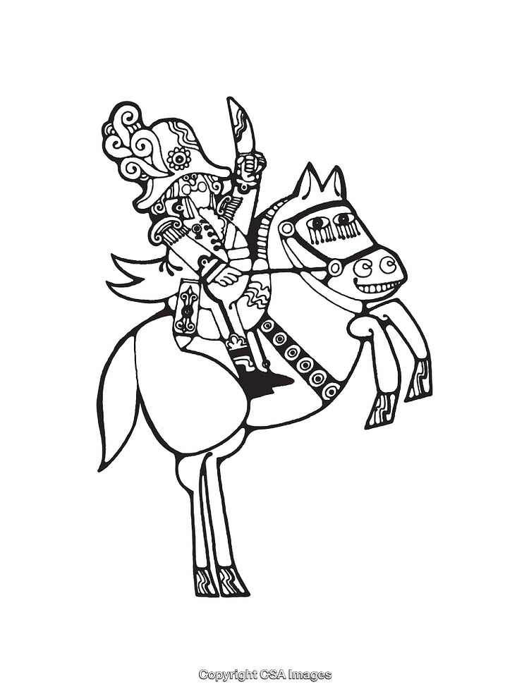 Intricate Black And White Line Art Depicting Warrior Riding A Horse