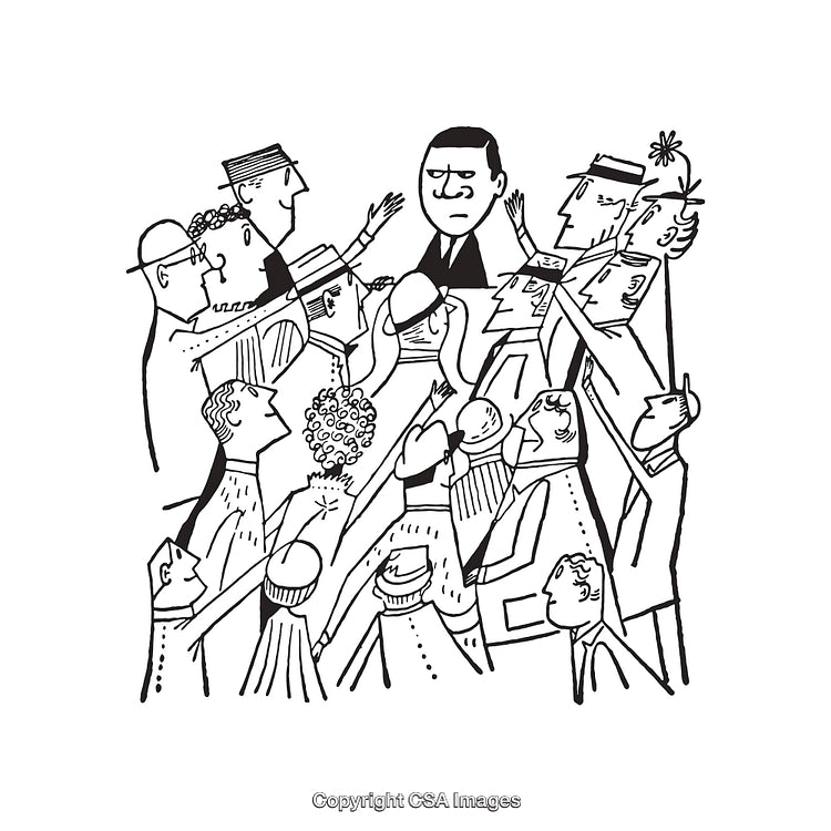 Crowd Gathered Around Concerned Individual in Monochrome Line Art