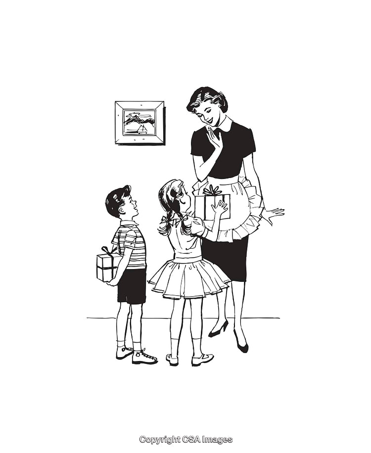 Children Giving Gifts to Mother in Black and White Line Art