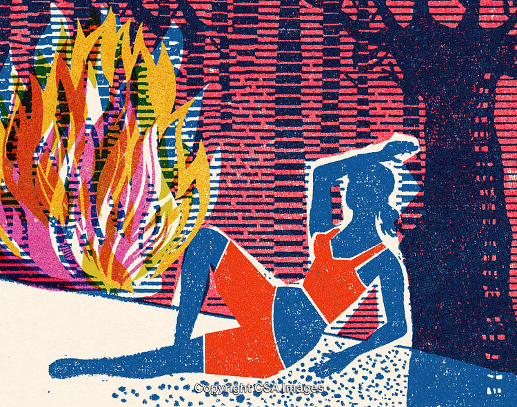 Abstract Artistic Illustration of Woman with Fiery Flames and Nature Surroundings