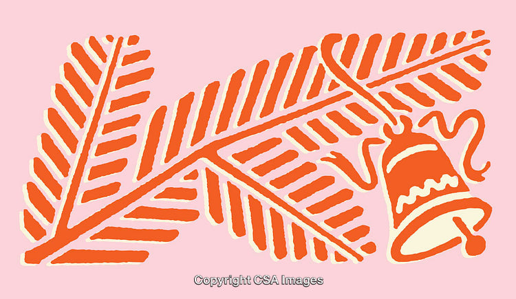 Festive Orange Bell and Palm Leaf Line Art on Pink Background