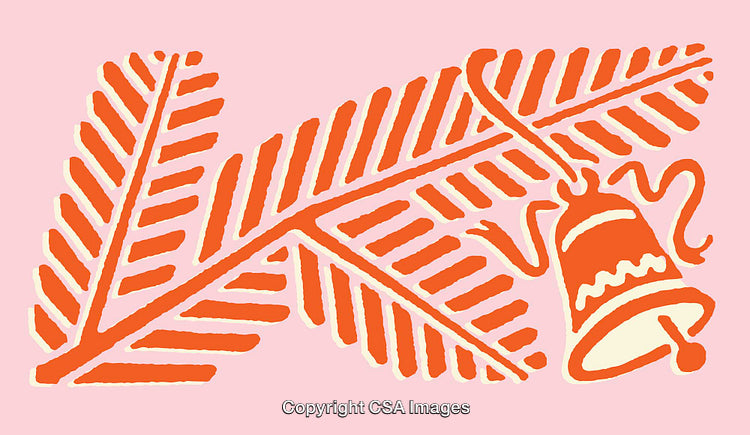 Festive Orange Bell and Palm Leaf Line Art on Pink Background