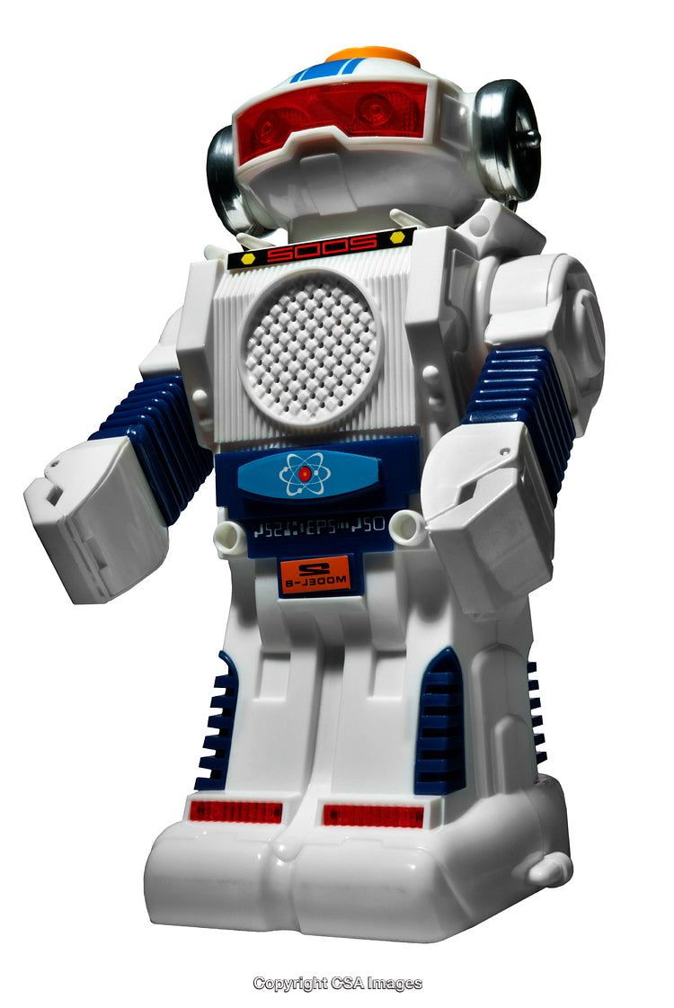 Retro Plastic Robot Toy with Red Visor and Blue Highlights