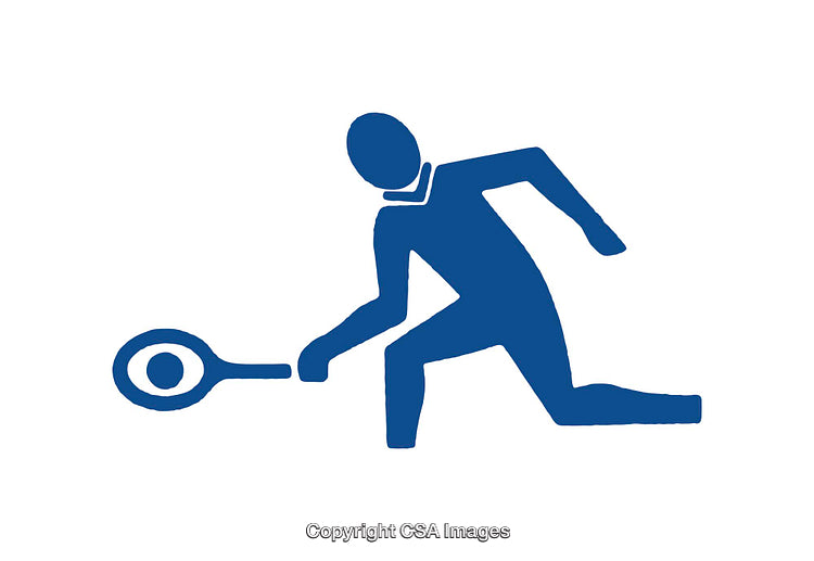 Blue Icon of a Person Playing Squash on White Background