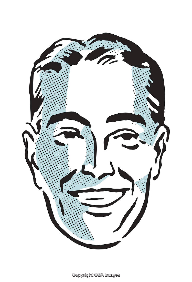 Stylized Black and White Retro Illustration of a Smiling Man's Face