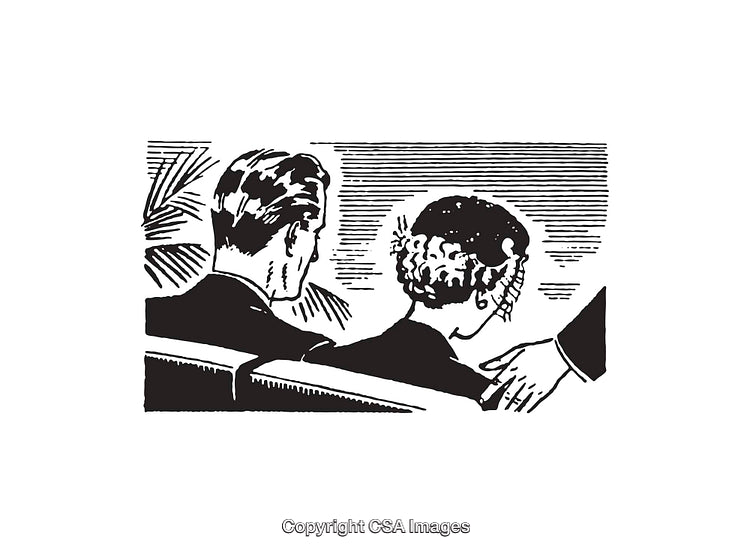 Classic Black and White Illustration of a Seated Couple Communicating