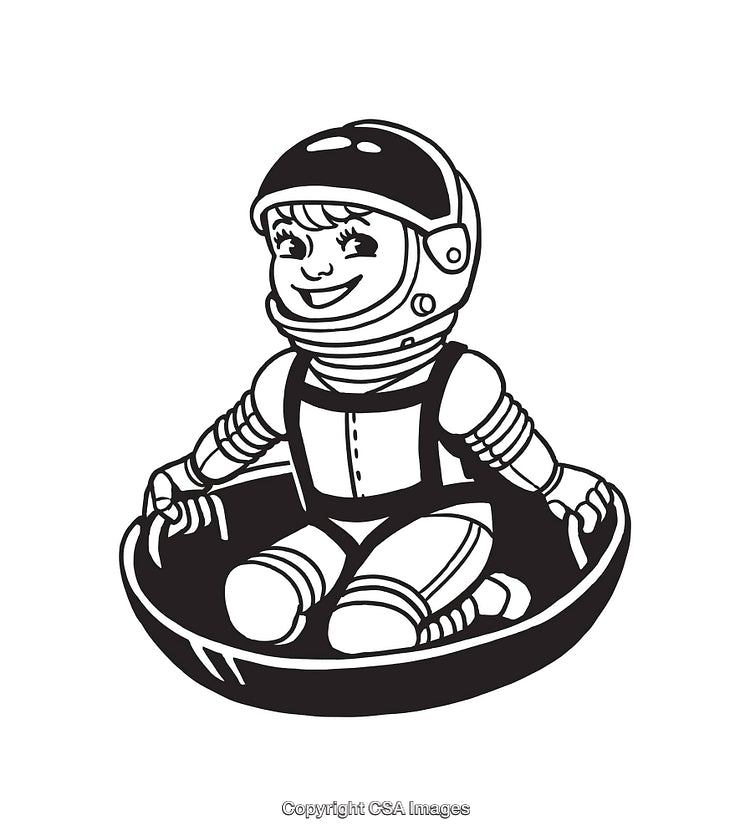 Black And White Line Art of a Smiling Astronaut Child Sitting