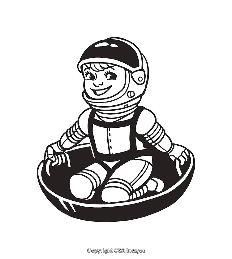 Black And White Line Art of a Smiling Astronaut Child Sitting