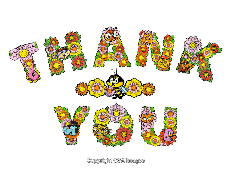 Thank You Greeting With Flowers and Adorable Animal Illustrations in Vibrant Colors