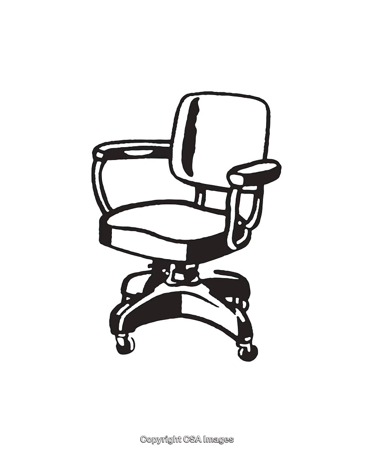 Illustration of a Rolling Office Chair in Black and White Line Art