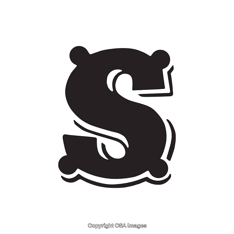 Stylized Black Letter S with Retro Artistic Elements on White Background