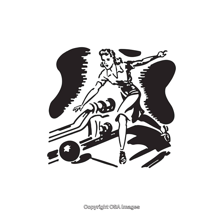 Black and White Line Art of a Vintage Bowling Scene Illustration