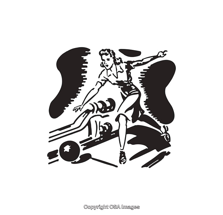 Black and White Line Art of a Vintage Bowling Scene Illustration