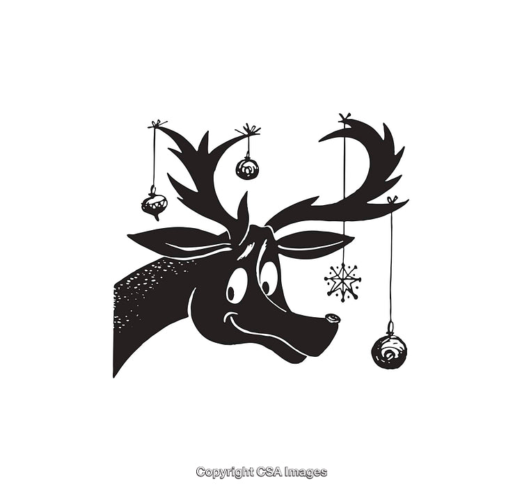 Festive Reindeer Illustration with Antlers Decorated in Christmas Ornaments