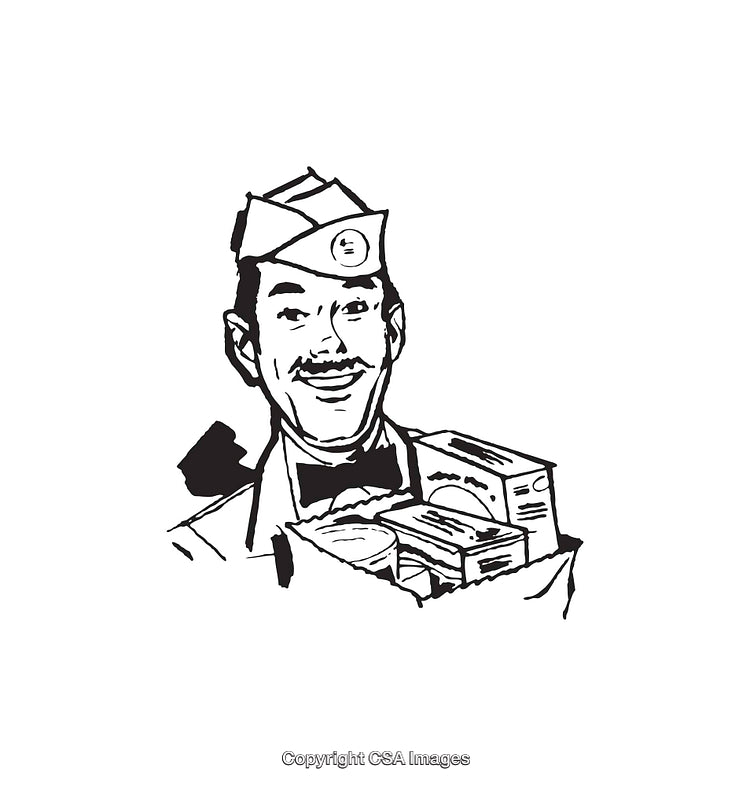 Vintage Illustration of Smiling Grocery Worker Holding a Paper Bag of Groceries