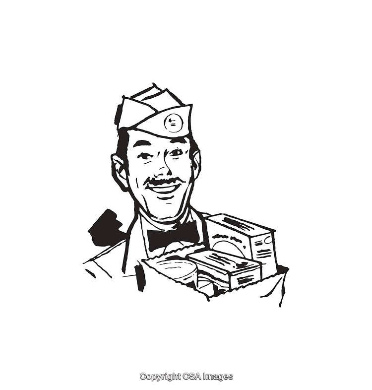 Vintage Illustration of Smiling Grocery Worker Holding a Paper Bag of Groceries