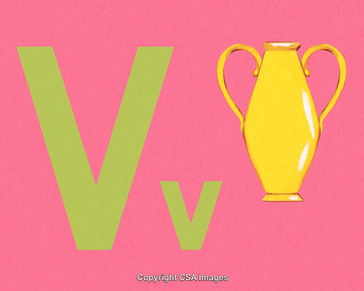 Playful Letter V Illustration with Colorful Vase Design and Pink Background