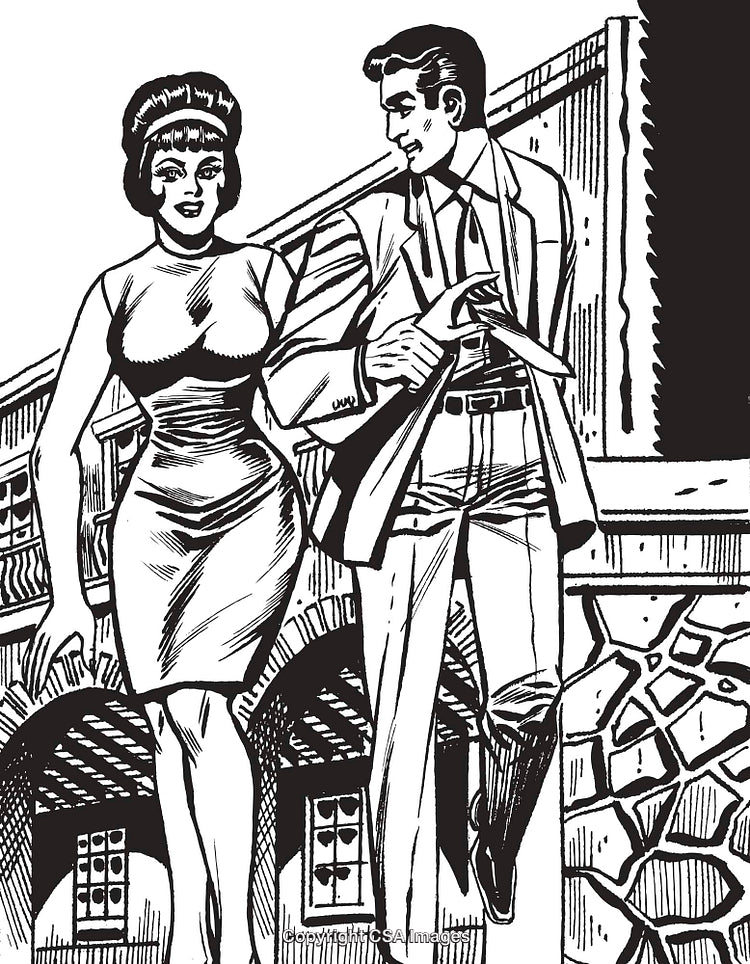 Elegant Retro Couple Strolling Near Architecturally Detailed Historic Building Scene