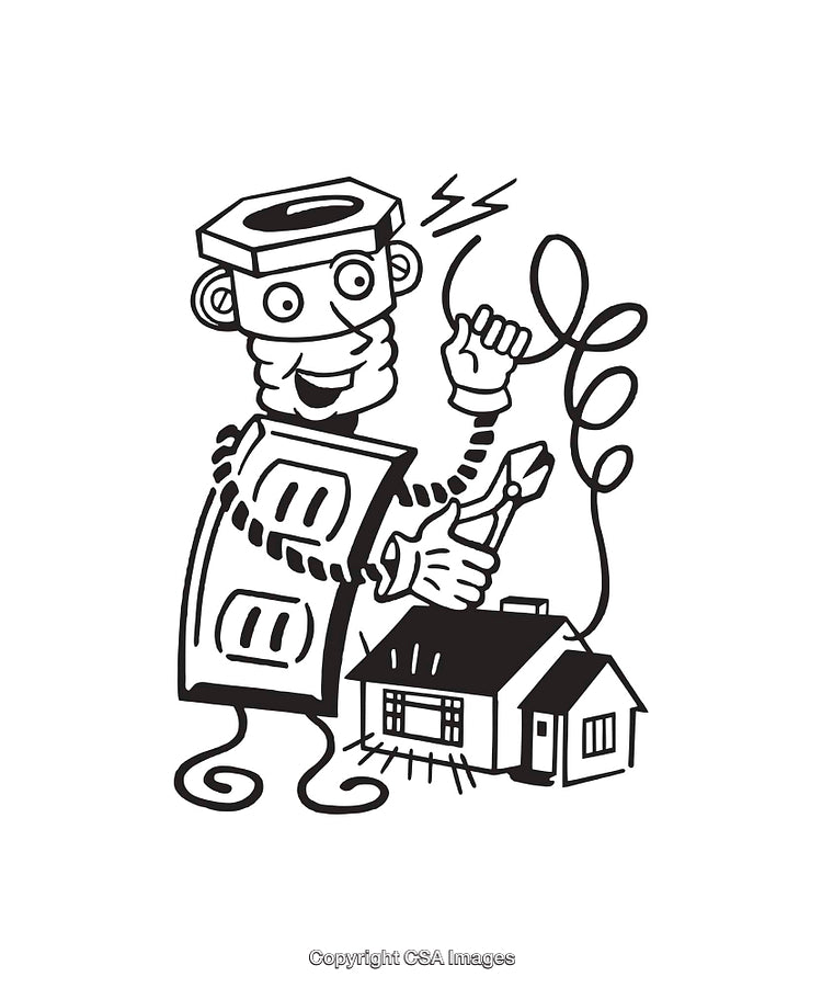 Retro Line Art Robot Installing Electric Wiring in a House